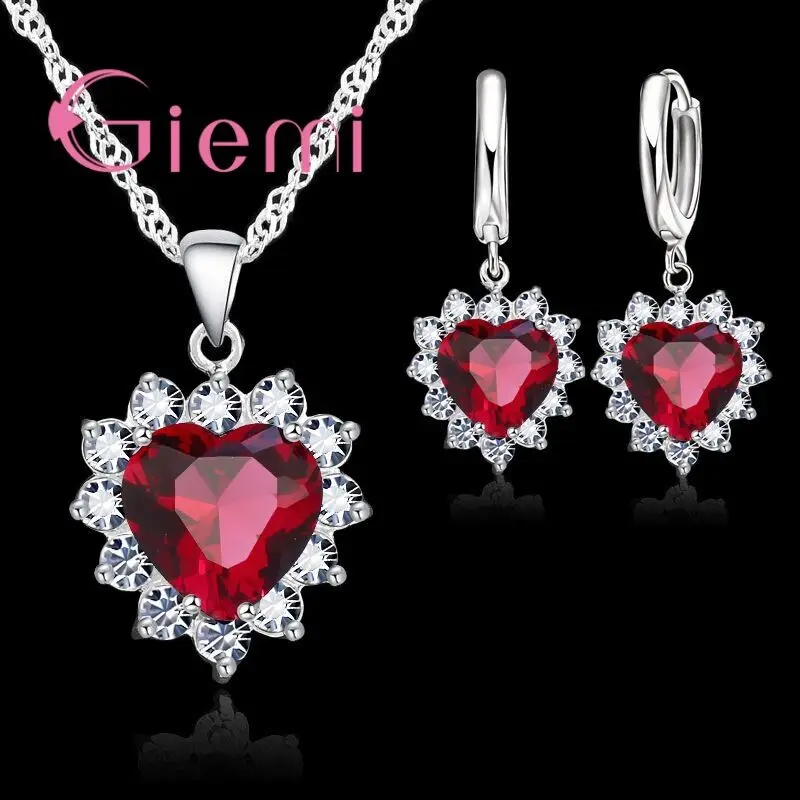 Different Colorful Cubic Zirconia Pendant Necklace Earrings Jewelry Sets Beautiful Heart Flower 925 Sterling Silver Gifts