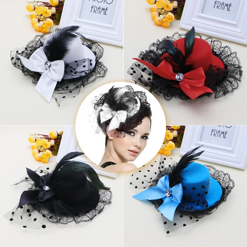 

Girl Bow Hair Clip Lace Feather Mini Top Hat Fascinator Fancy Party Dress Hearwear