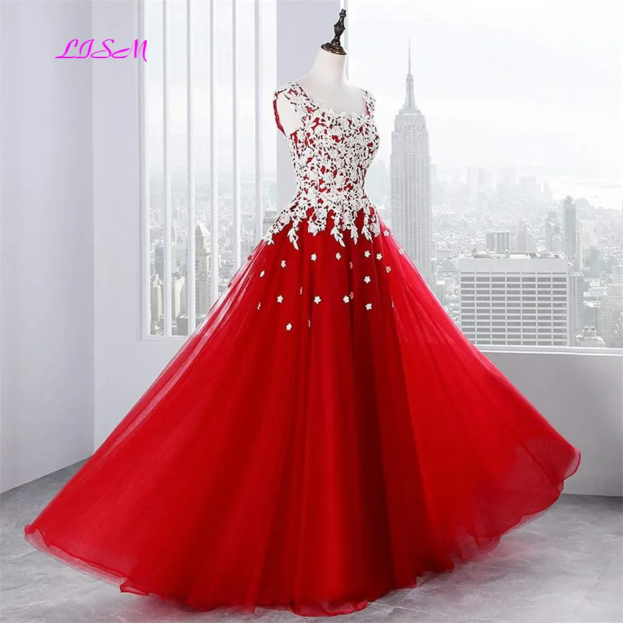 V-Neck Long Red Prom Dresses 2022 Sweet White Appliques Princess Dress Tulle 3d Flowers Evening Gowns Wedding Party Dress