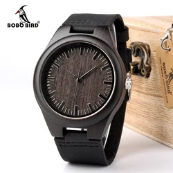 BOBO BIRD WD26 Mens Design Brand Luxury Black Wooden Watches Real Leather Quartz Watch for Men Natural Ebony Wood Drop Shipping