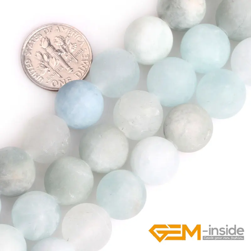 Selectable size: 6/8/10/12mm GEM-inside 1.5mm-2mm Big Hole Natural Round Blue Aquamarines Matte Beads For Jewelry Making15Inches