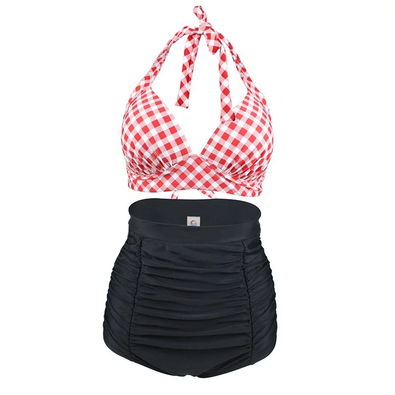 2018 wysokiej talii strój kąpielowy Plus rozmiar stroje kąpielowe Retro 50s Vintage karnawał kraty klasyczne Bikini Sete stroje kąpielowe strój