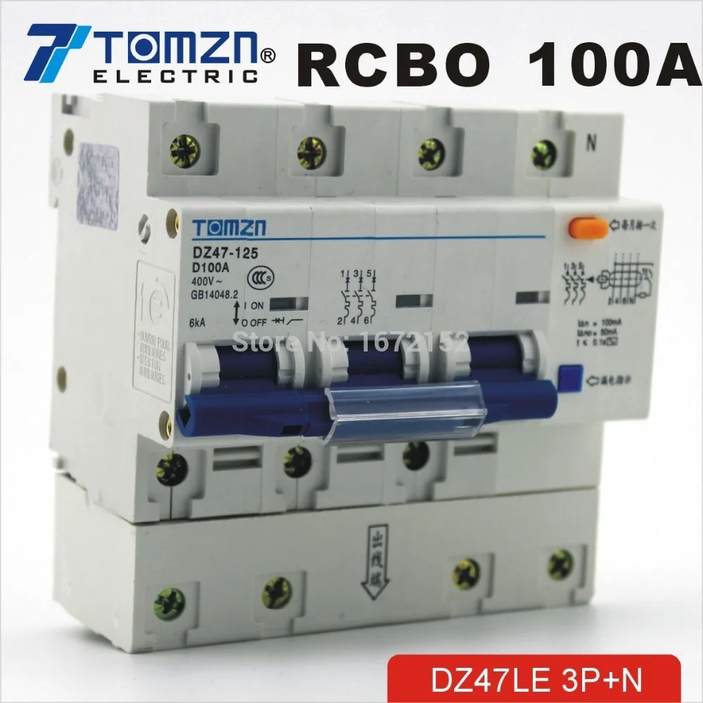 DZ47LE 3P+N 100A D type 400V~ 50HZ/60HZ Residual current Circuit breaker with over current and Leakage protection RCBO