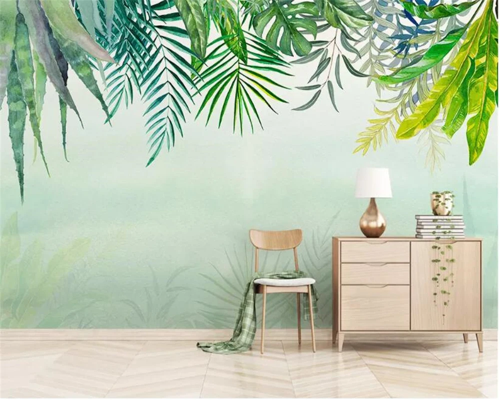 

Beibehang Custom wallpaper Modern small fresh green leaves Watercolor style bar KTV living room background wall 3d wall paper