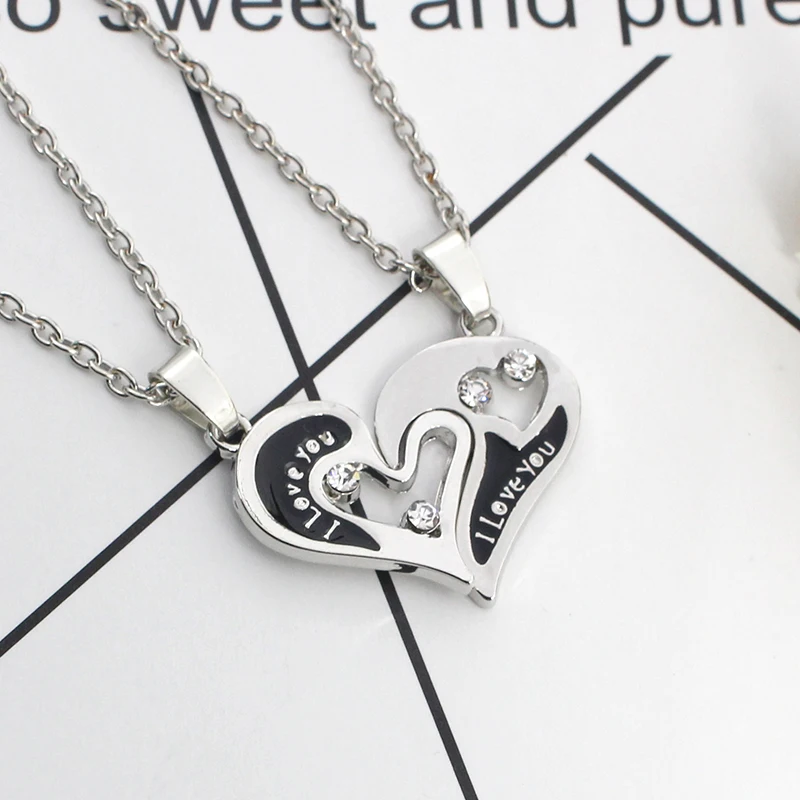 2 Piece Set I Love You Heart-Shaped Mosaic Necklace Set Ladies Couple Jewelry Hollow  Broken Heart Alloy Pendant Gift