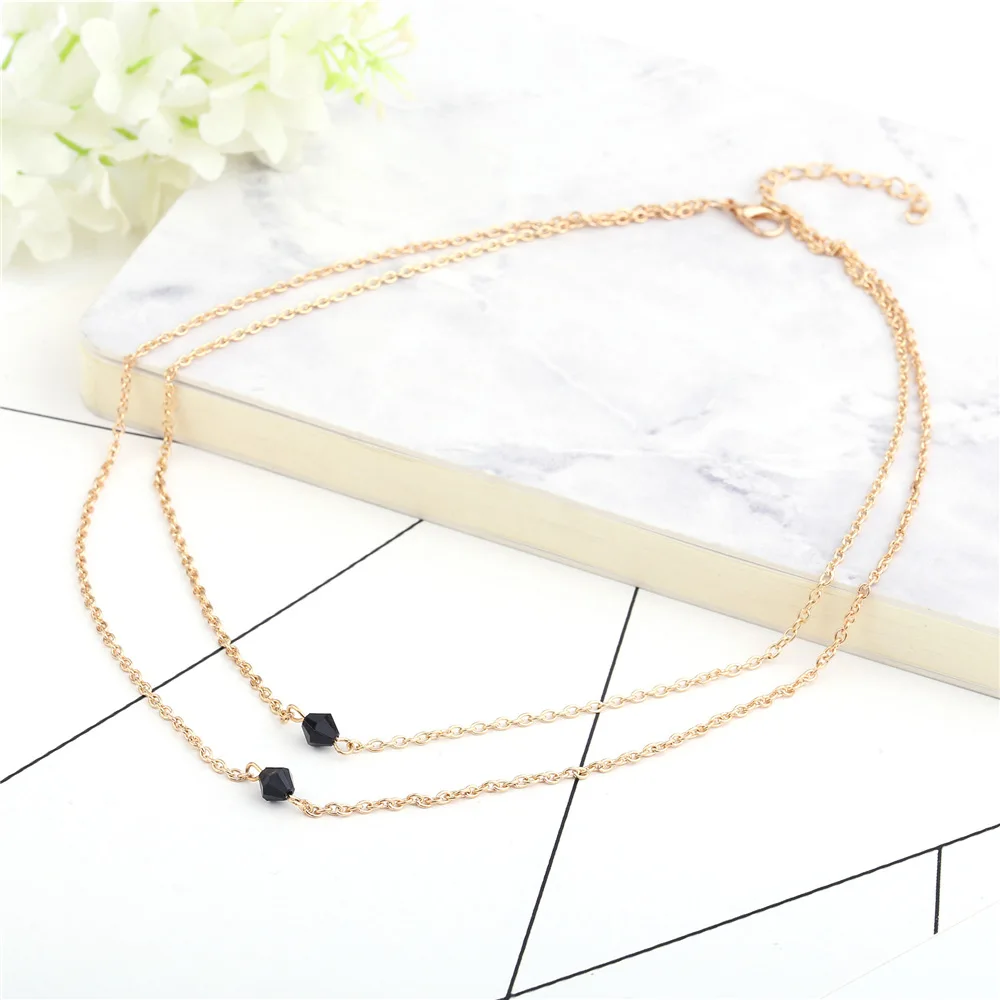 Joker Fashion Ultimate Simple Double Black Crystal Model Double Short Clavicle Chain Barrel Bead Necklace Sweater Necklace