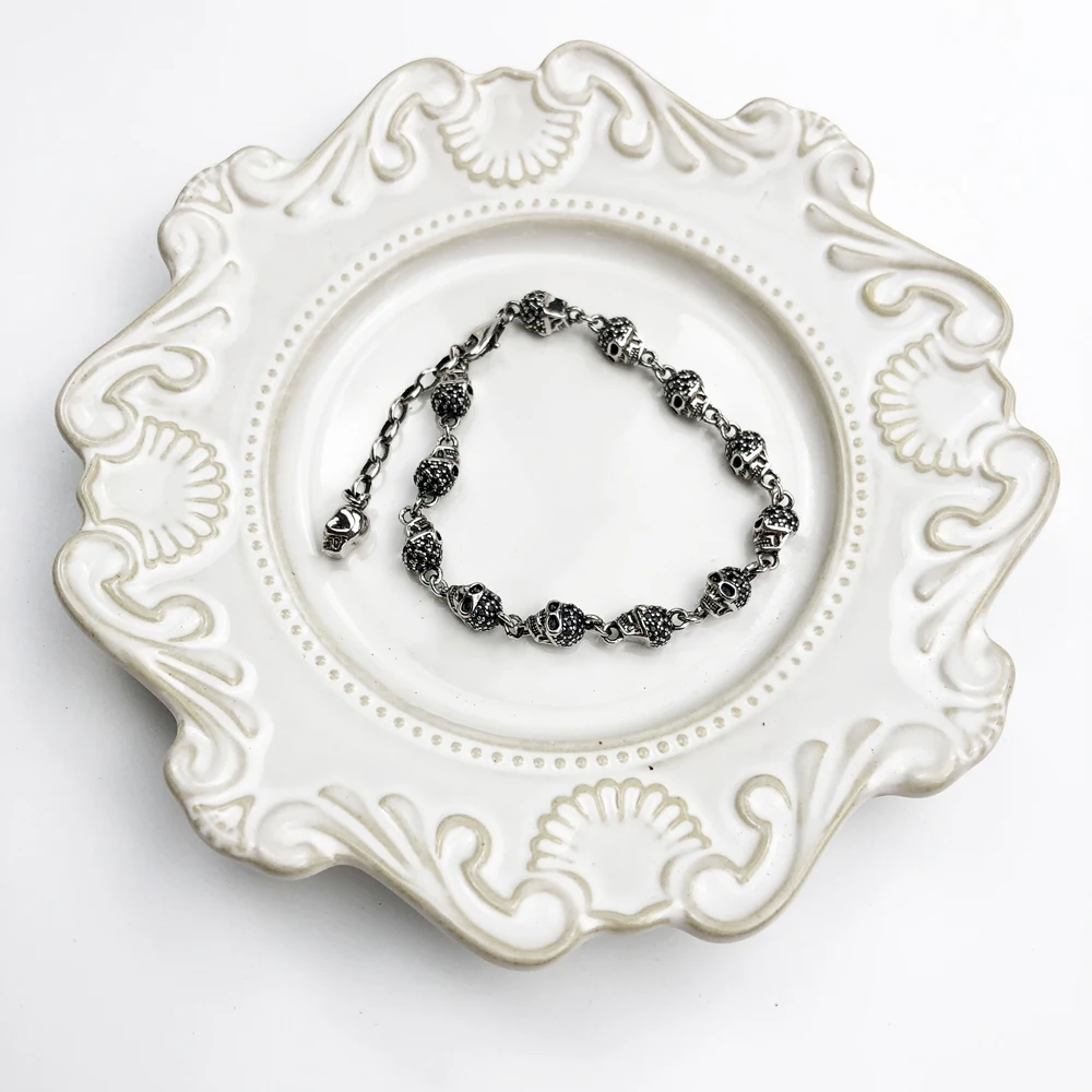 Bracelet Link Chain Skulls Pave with Black Zirconia Pure 925 Sterling Silver Punk Fine Jewelry Rebel Street Gift for Women Men