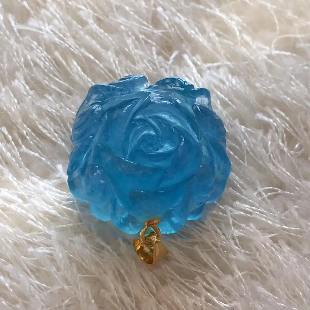 Natural Blue Aquamarine Clear Flower Pendant Women Carved 23x22x12mm Aquamarine Brazil Fashion Beads Necklace AAAAA