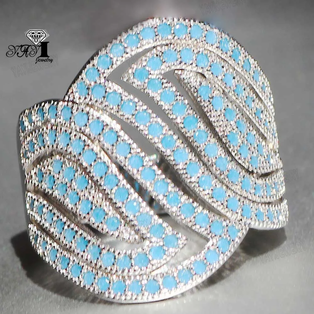 YaYI  Jewelry Fashion Princess Cut Natural Turquoise Moissanite Zircon Stamped Silver Color Engagement Wedding Precious Rings