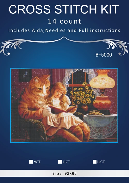 Large Cat and Girl reading,chinese Stitch,DIY 14CT similar  DMC Cross Stitch,Sets For Embroidery Kits Counted Cross-Stitching