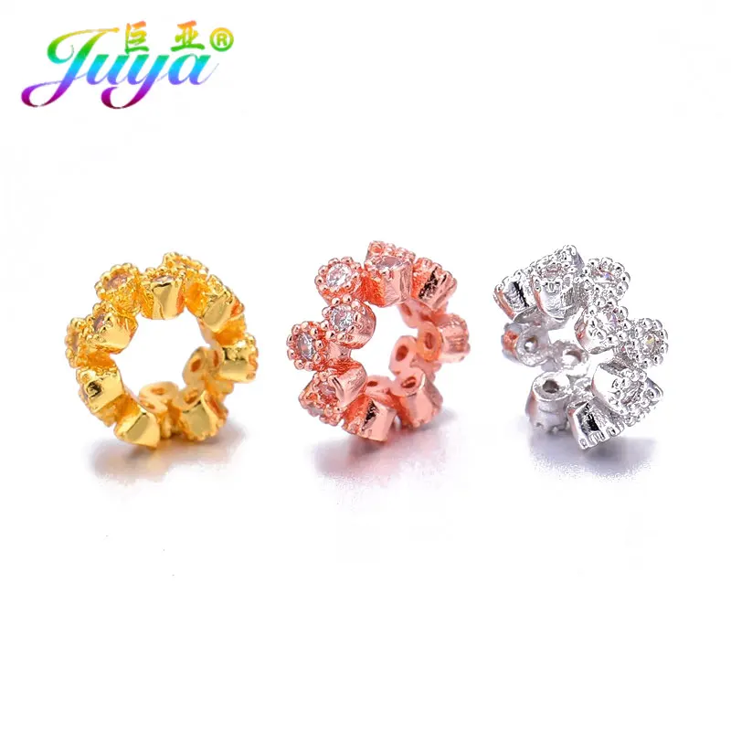 Juya 8Pcs/Lot Micro Pave Zircon 8mm Rondelle Spacers Flower Charm Beads For DIY Women Natural Stones Beadwork Jewelry Making