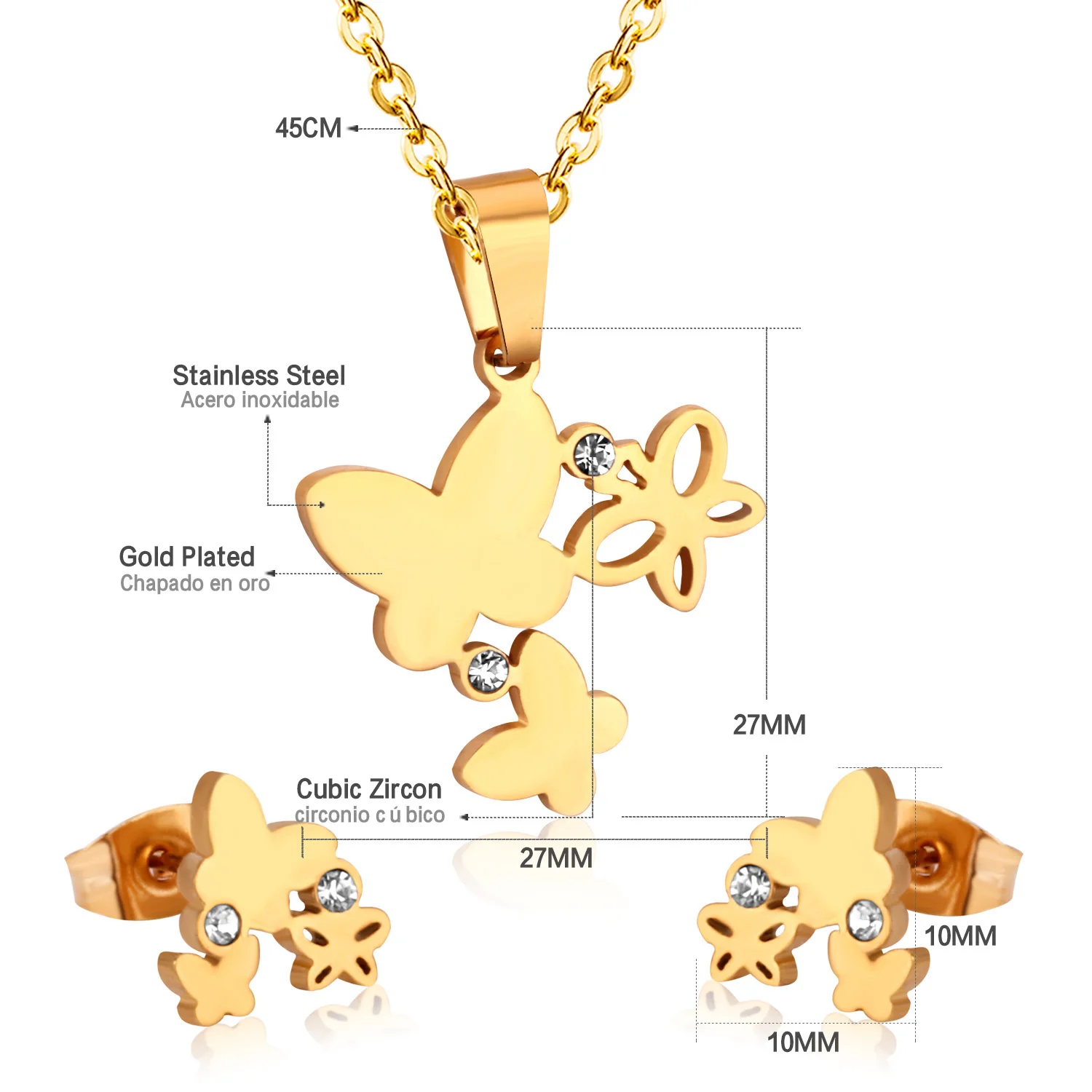 LUXUSTEEL Cute Jewelry Sets Stainless Steel Butterfly Pendant Necklace Earring Sets With Cubic Zirconia For Women/Girl Bijoux