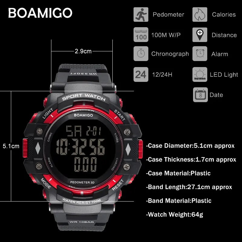 100m water resistant men sports watches BOAMIGO brand pedometer calories LED digital watches swimming wristwatches reloj hombre