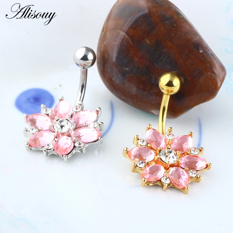Alisouy 1PCS Surgical Steel Body Piercing Jewelry Flower Navel Belly Bar Pircing Belly Piercing belly button rings for girls