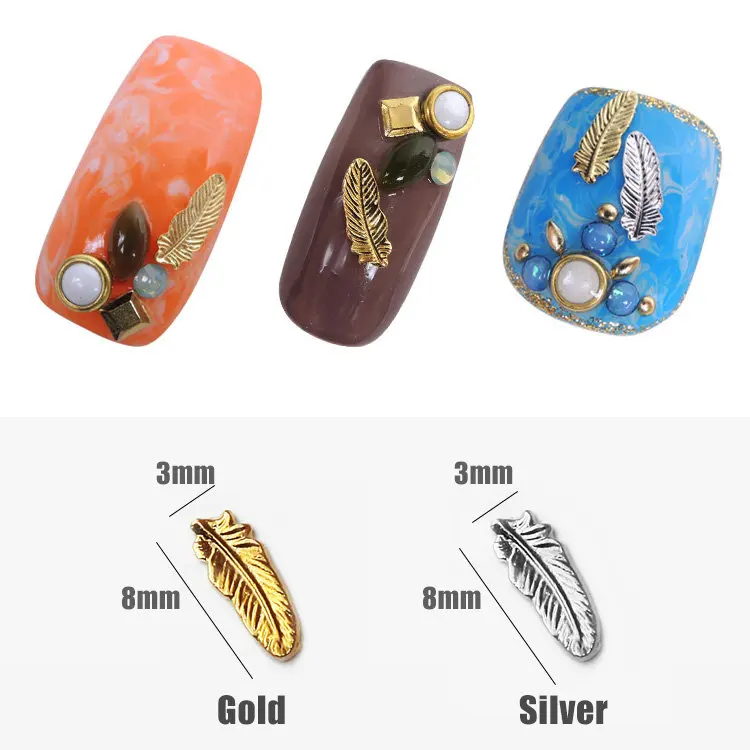 100pcs/lot Japan 3D Stripes Feather Sharp Gold Silver Alloy Nail Art Metal Decorations Sequins Metal Nail Art Charms