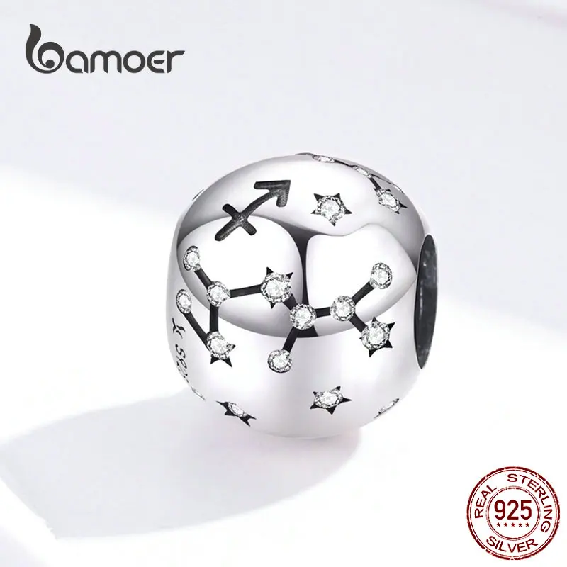 BAMOER 12 Constellation Zodiac Round Metal Beads for Women Bracelet Shining CZ Charm fit Original Silver 925 Bangle SCC1218