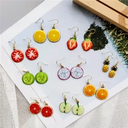 Cute Fashion Fruit Watermelon Strawberry Pendant Dangle Earrings for Women Sweet Kiwi Lemon Orange Drop Earrings Girl Jewelry