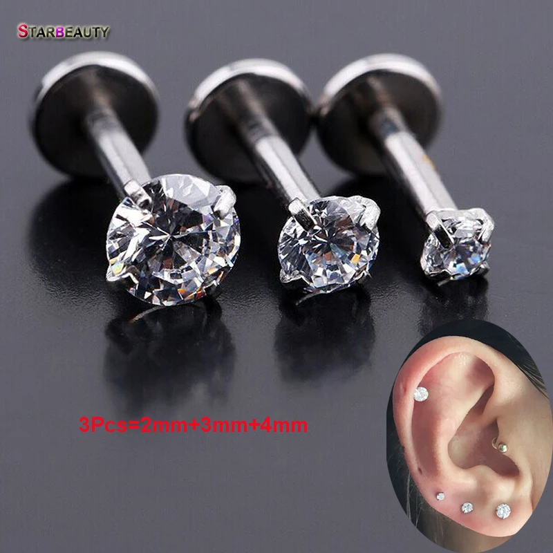 3Pcs(2mm/3mm/4mm) 16Gx6mm White Zircon Gem Bar Lip Piercing 16 Gauge Fake Lip Piercing Earrings Rings Jewelry Women Men