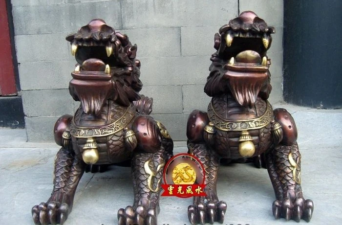 China Bronze Copper Feng Shui Avoid Evil Foo Dog Lion Brave troops Chi-lin Pair