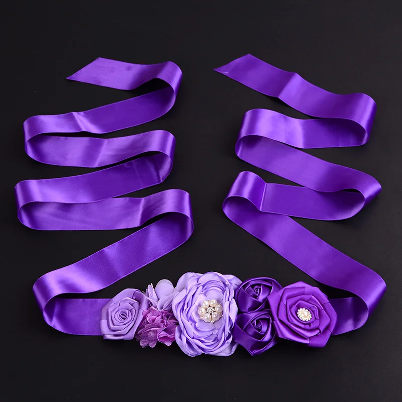 Ceinture à fleurs en Satin violet, gris, bleu marine, rose, rubans à strass pour enfants, ceintures à fleurs de mariage pour filles