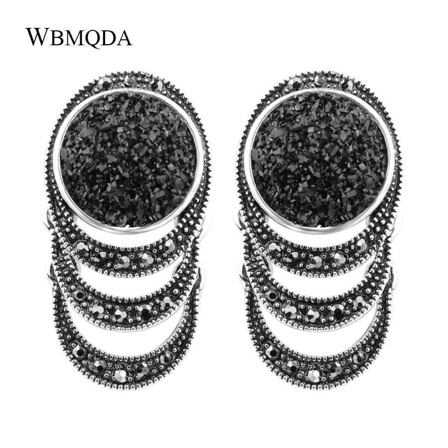 Hot 2018 Fashion Black Crystal Stone Big Earrings For Women Vintage Silver Plated Engagement Earrings Bohemian Jewelry Gift