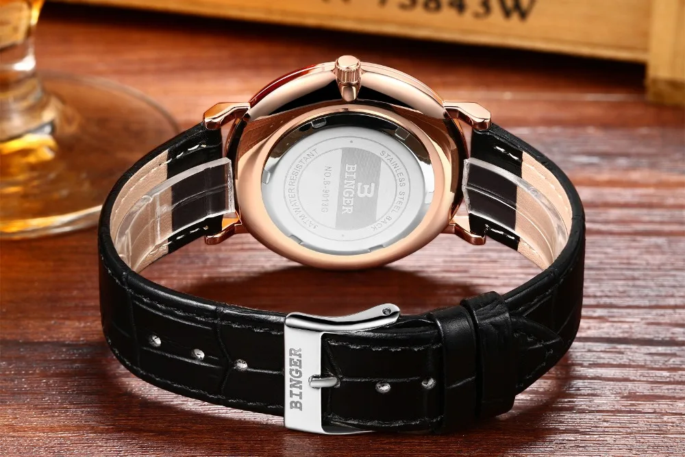 Cheap 2016 New Couple Watch BINGER Slim Style Women Fashion Quatrz Watch Men Business Wristwatch Leather Strap B-9013G