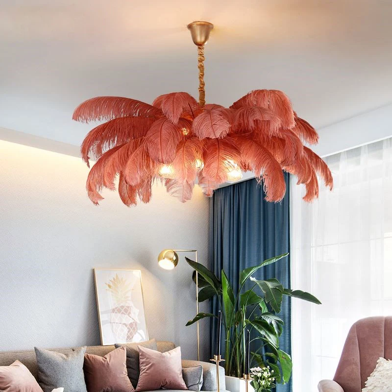 

Ostrich Feather Pendant Lights Romantic Hanging Lights For Living Room Hotel Restaurant Bedroom Modern led Copper Pendant Lamps