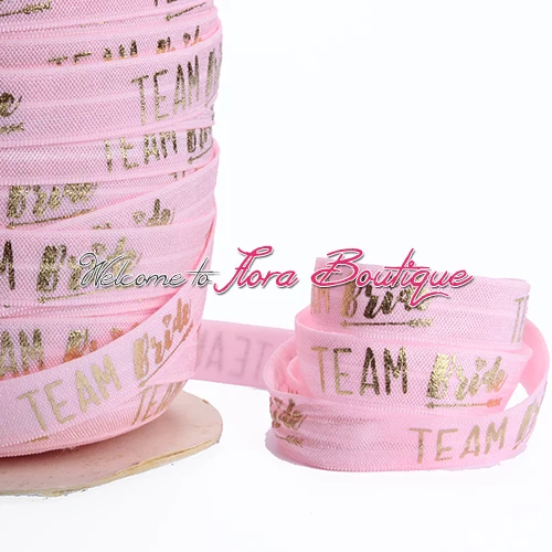 

(100 yards/lot) new arrival women's gold foil letter printing fold over elastic hairbands, #117 lt. pink bride foe