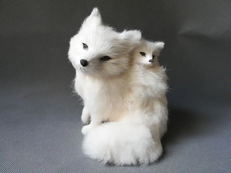 real life toy large 19x16cm white fox model polyethylene&furs fox taking baby fox model home decoration props ,model gift d0178