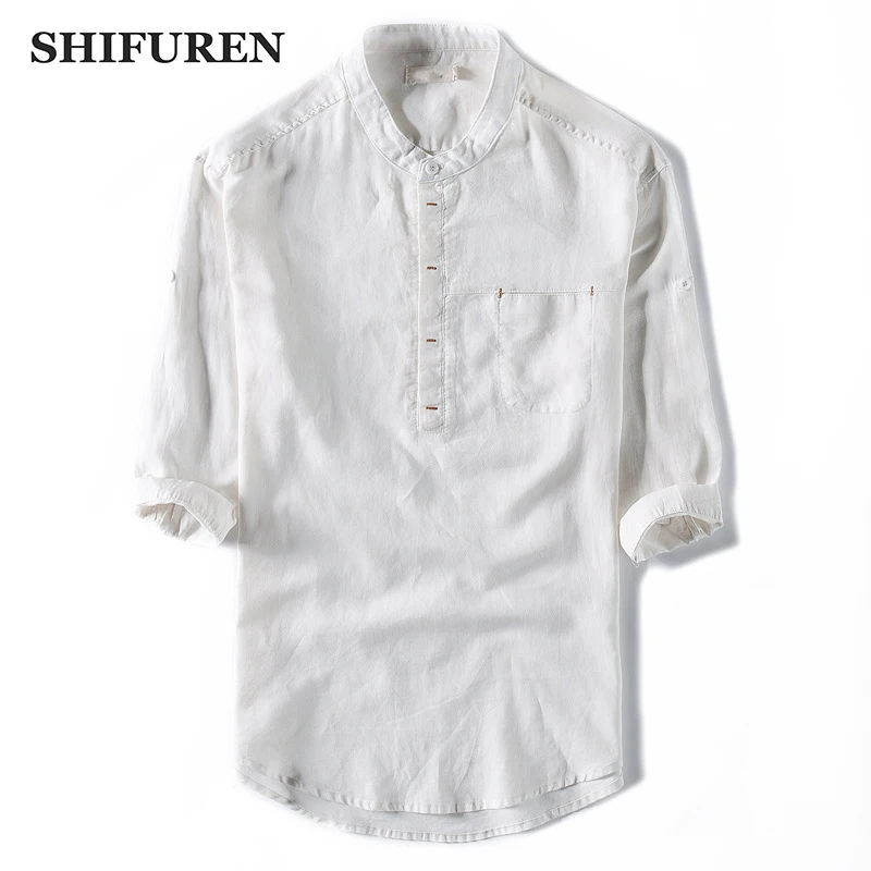 

SHIFUREN Summer Thin Breathable Casual Shirts Men Half Sleeve Length Mandarin Collars Loose Fit Male Shirts Blouse Solid Color