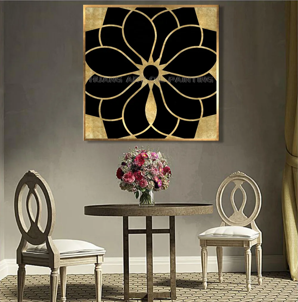 Pure Hand-painted High Quality Abstract Gold Foil Flower Shape Oil Painting on Canvas Modern Black and Gold Foil Oil Painting