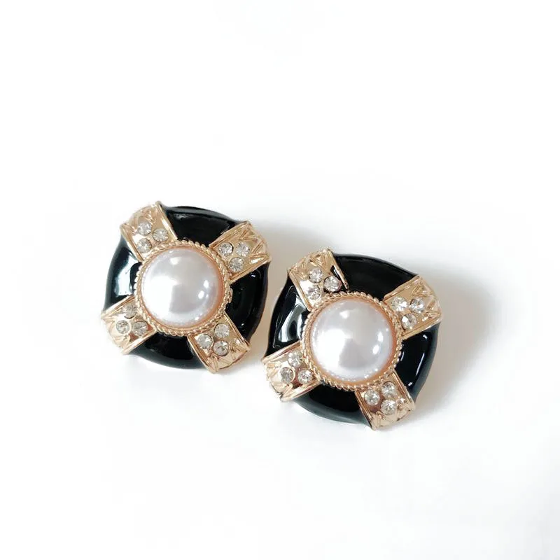 New Square Alloy Black Enamel Crystal Elegant Sweet Pearl Clip Earrings