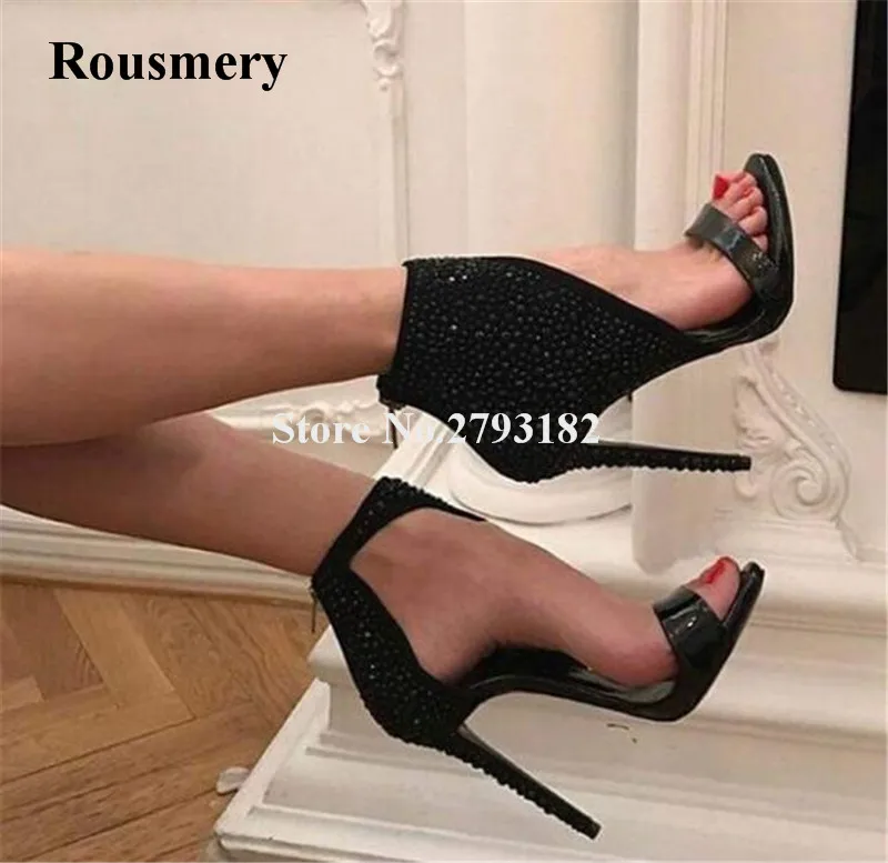 

Women Luxury Style One Strap Black Rhinestone Ankle Wrap Gladiator Sandals Back Zipper-up Crystal High Heel Sandals Dress Shoes