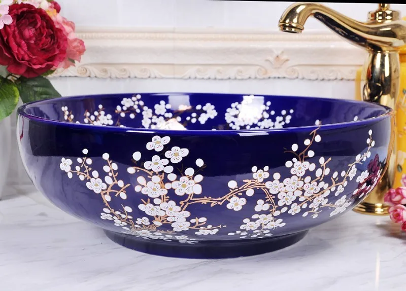 China Painting plum blossom Ceramic Painting Art Bathroom Vessel Sinks Round counter top one piece bathroom sink and countertop