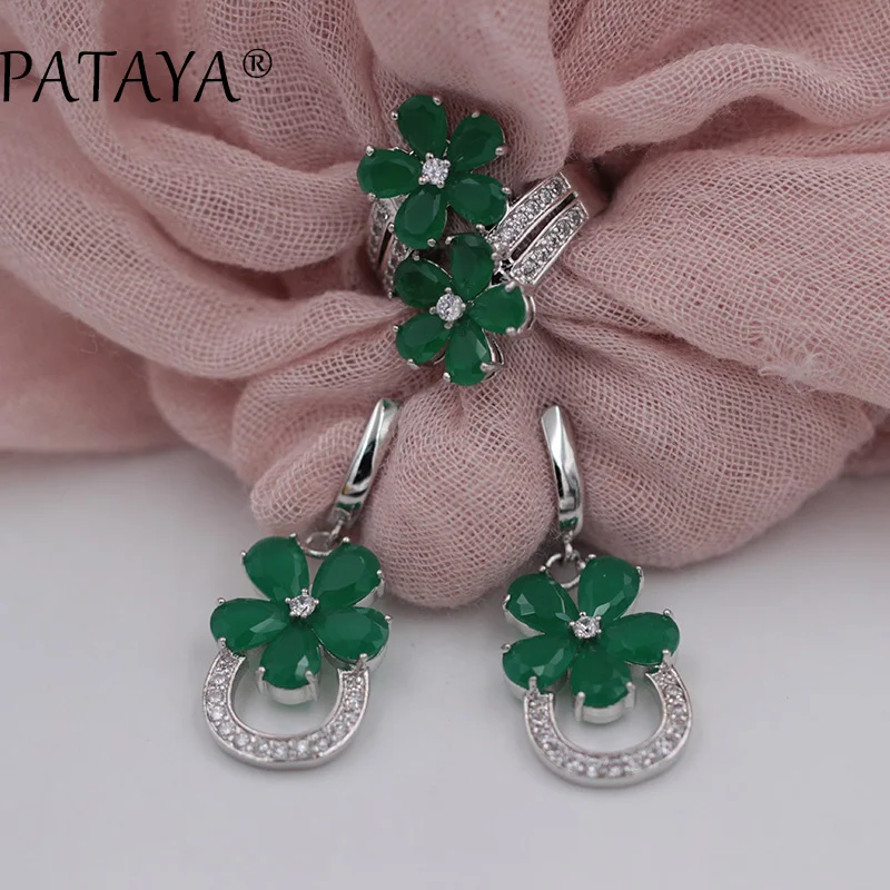 

PATAYA RU Hot Sale Women Romantic Jewelry Sets Flower Natural Zirconia Earrings Ring Set True White Gold Color Wedding Jewelry