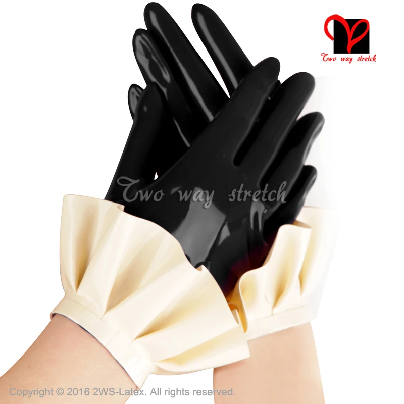 フリル付きのセクシーな黒のラテックス手袋手首用のシリコンミトン大きいサイズst-042