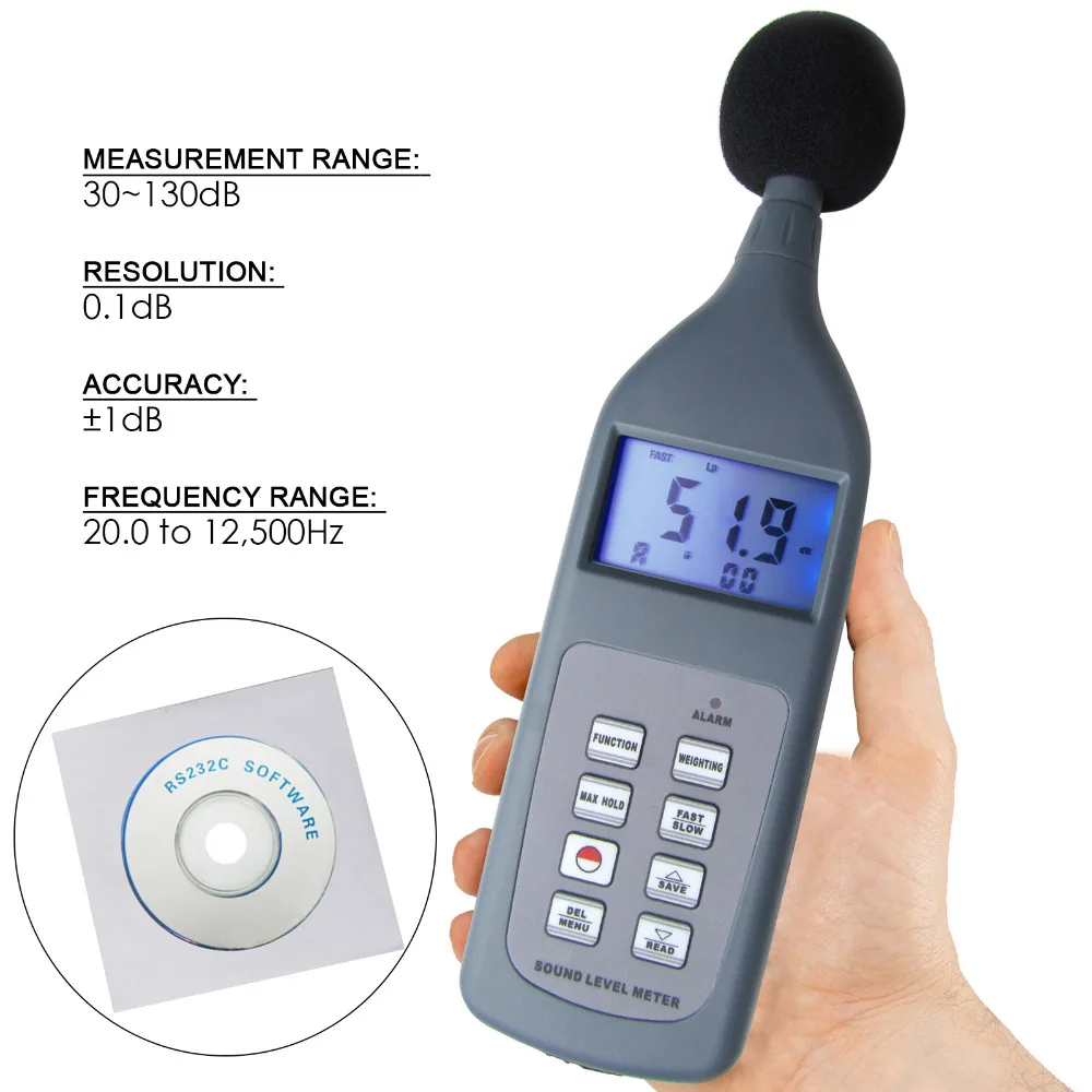 Professional Multifunction Digital Sound Level Meter 30~130 dB Decibel Range w/ RS-232C Software CD+Lp Leq Lmax LN Function