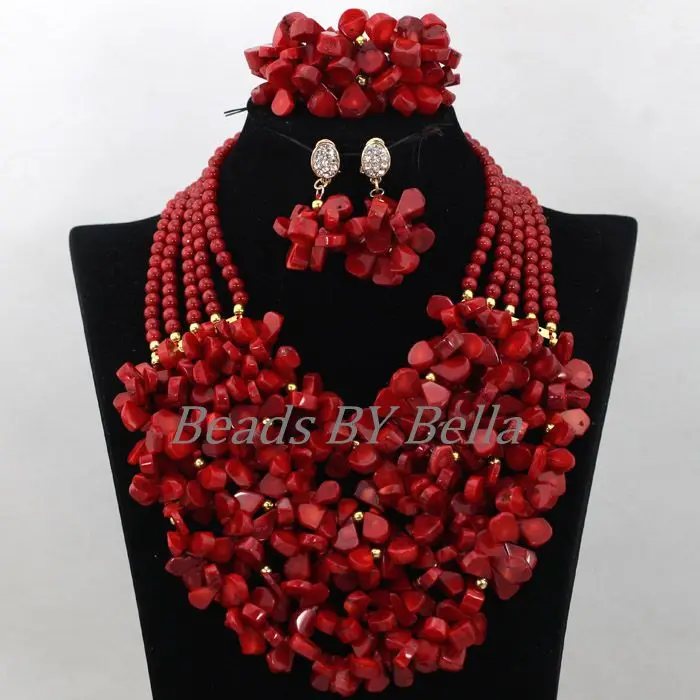 Chunky Full Nigerian Wedding Beads Jewelry Set 5 Layers Red African Beads Jewelry Coral Beads Necklace Sets Free Shipping ABK608