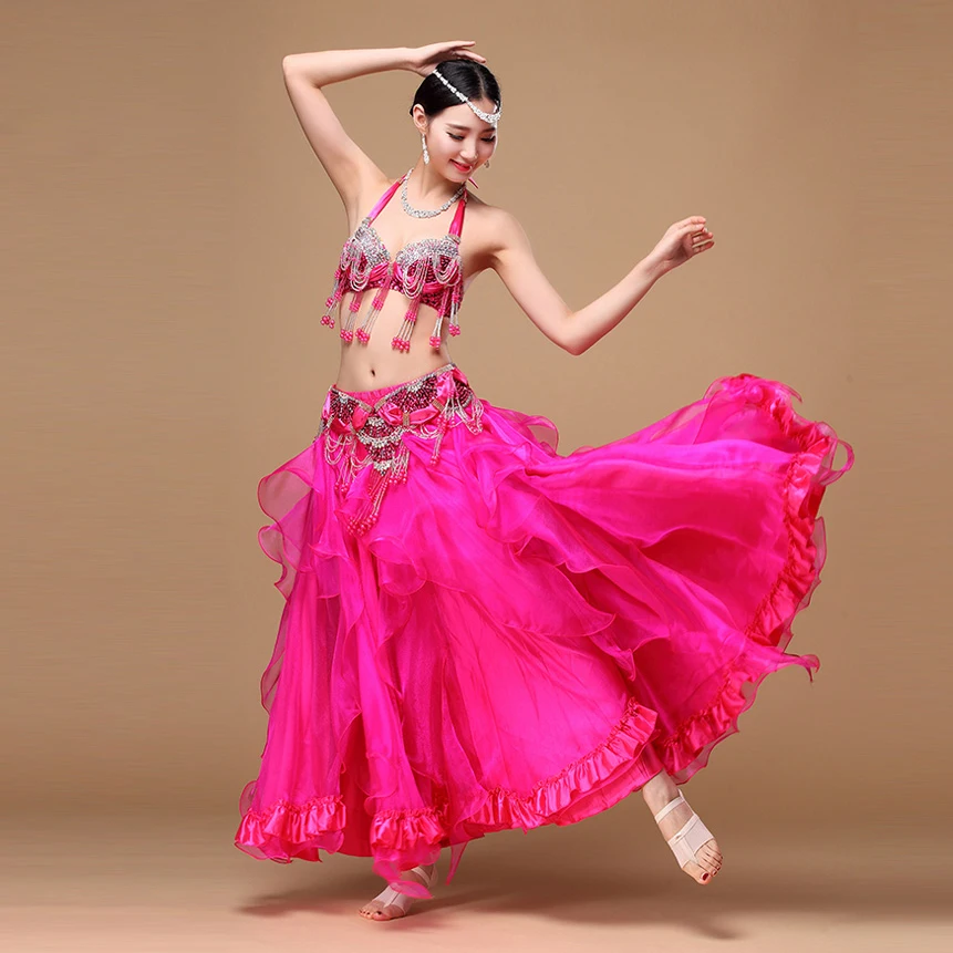 2019 New Women Dancewear Professional 3pcs Outfit  Plus Size Cup C/D Bra Belt Skirt Long Oriental Beaded Belly Dance Costume