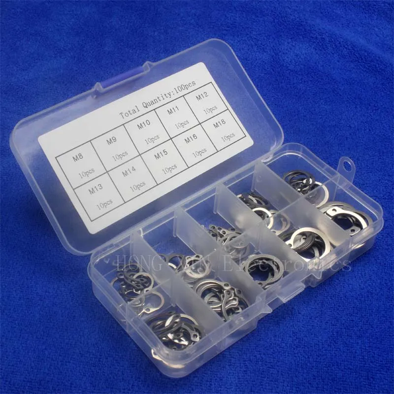 

100pcs/set 304 Stainless Steel E Clip Washer Assortment Kit Circlip Retaining Ring For Shaft Fastener Hardware M8-M18