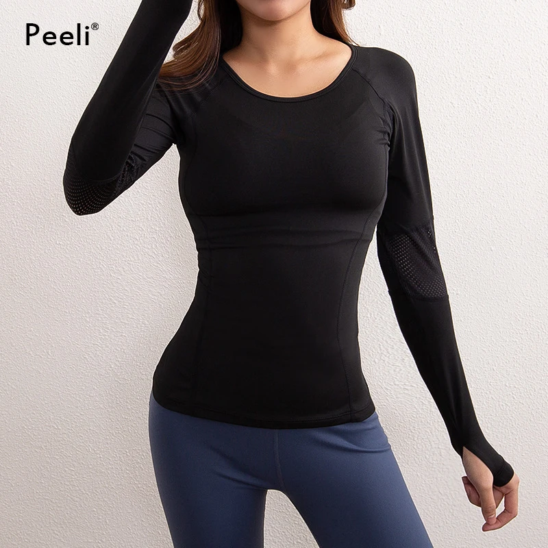 Peeli Sexy Mesh Sports Top Running Shirts Yoga Top Fitness Women Gym Tops Workout T Shirt Long Sleeve Yoga Shirt Sportswear