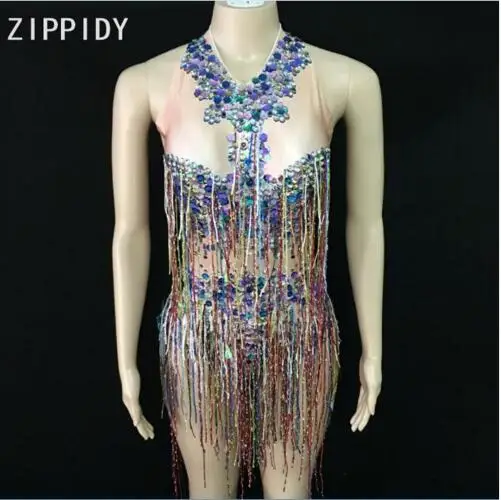 Traje de escenario de baile de cumpleaños para mujer, traje de baile de club nocturno, traje de espectáculo de cantante femenino, flecos Multicolor, diamantes de imitación brillantes, body