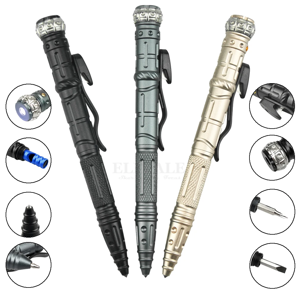 

NEW 8-In-1 Multi-Function Self Defense Tactical Pen Outdoor Survival EDC Tool With Emergency Led Light Whistle Glass Breaker