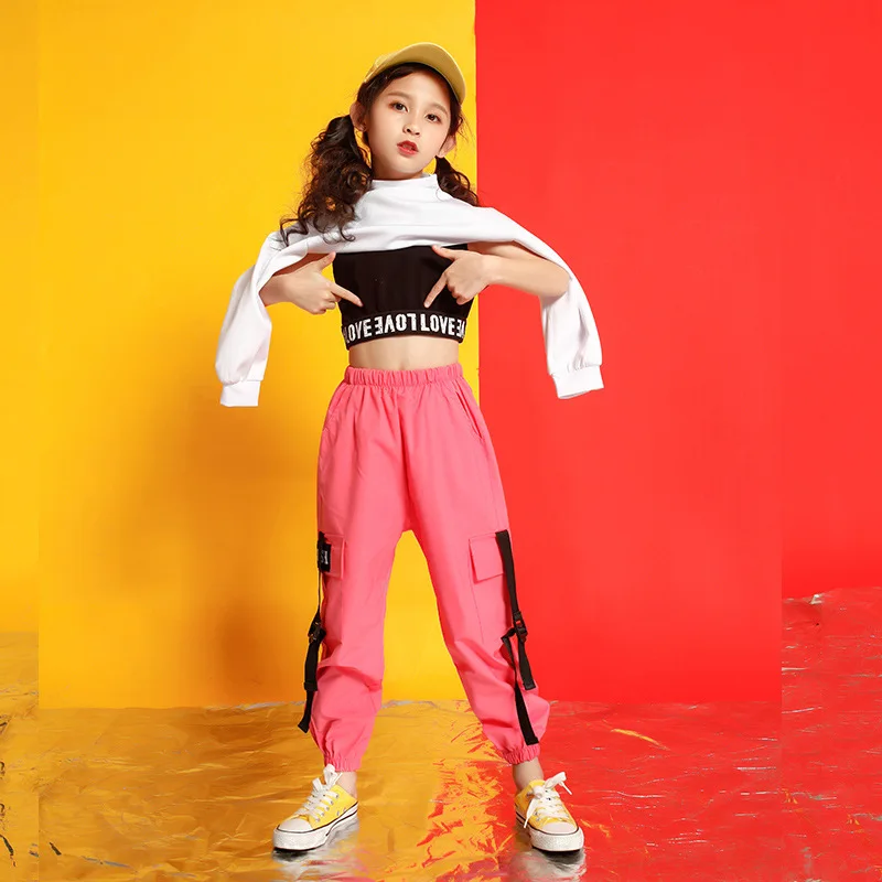 Kid Kpop Hip Hop Clothing Sweatshirt Crop Top Long Sleeve Tank Vest Streetwear Jogger Pants for Girl Jazz Dance Costume Clothes