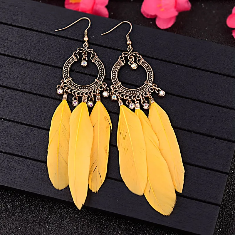 TopHanqi Dream Catcher Red Black Blue Multicolor Feather Earrings Women Inlay Crystal Metal Tassel Earrings Jewelry Accessories