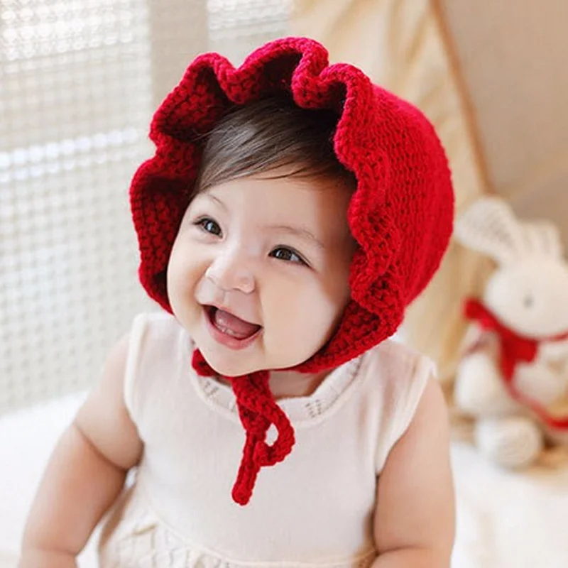 New Chic Baby Girl Winter Hat Knitted Crochet Ruffles Toddler Kids Warm Hats Earflaps Girls Flower Hat Red, White, Gray