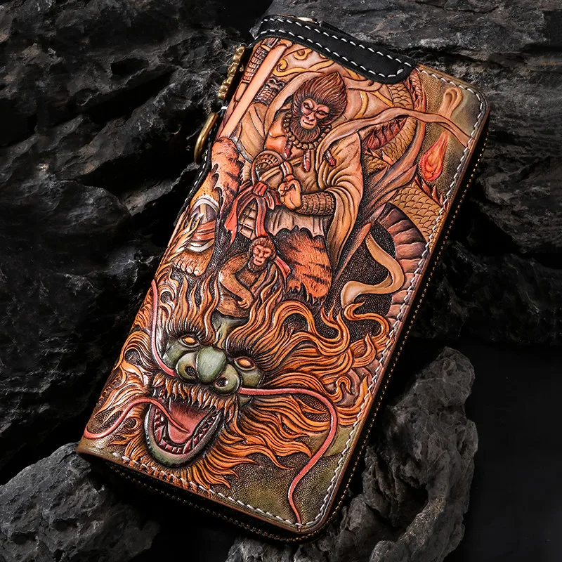 

Genuine Leather Wallets Carving Great Sage Equalling Heaven Purses Men Long Clutch Vegetable Tanned Leather Wallet Card Holder