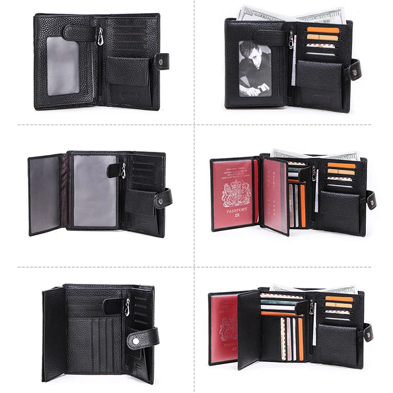 Imagem -04 - Carteira de Passaporte de Couro Genuíno para Homens Bolsa Trifold Masculina Titular do Cartão Bolso Grande Moeda Fechadura de Metal Zíper Negócios