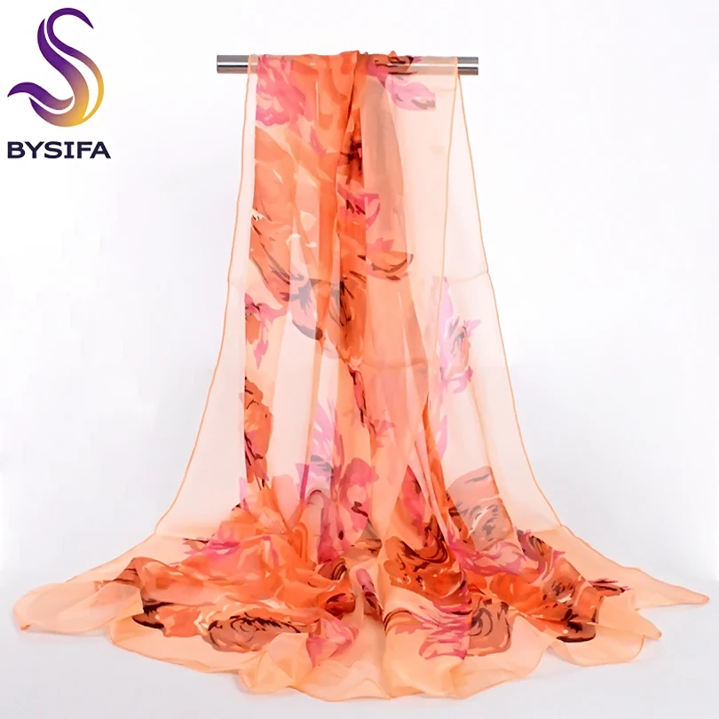 [BYSIFA] Ladies Chiffon Silk Scarf Shawl Top Grade Fine Women Accessories Long Scarves Autumn Winter Orange Silk Muffler180*70cm