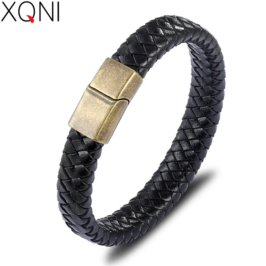 XQNI Vintage Stainless Steel Button Pattern Multiple Choices Hand-knitted Leather Bracelet for Men's Boy Couples Custom Gifts